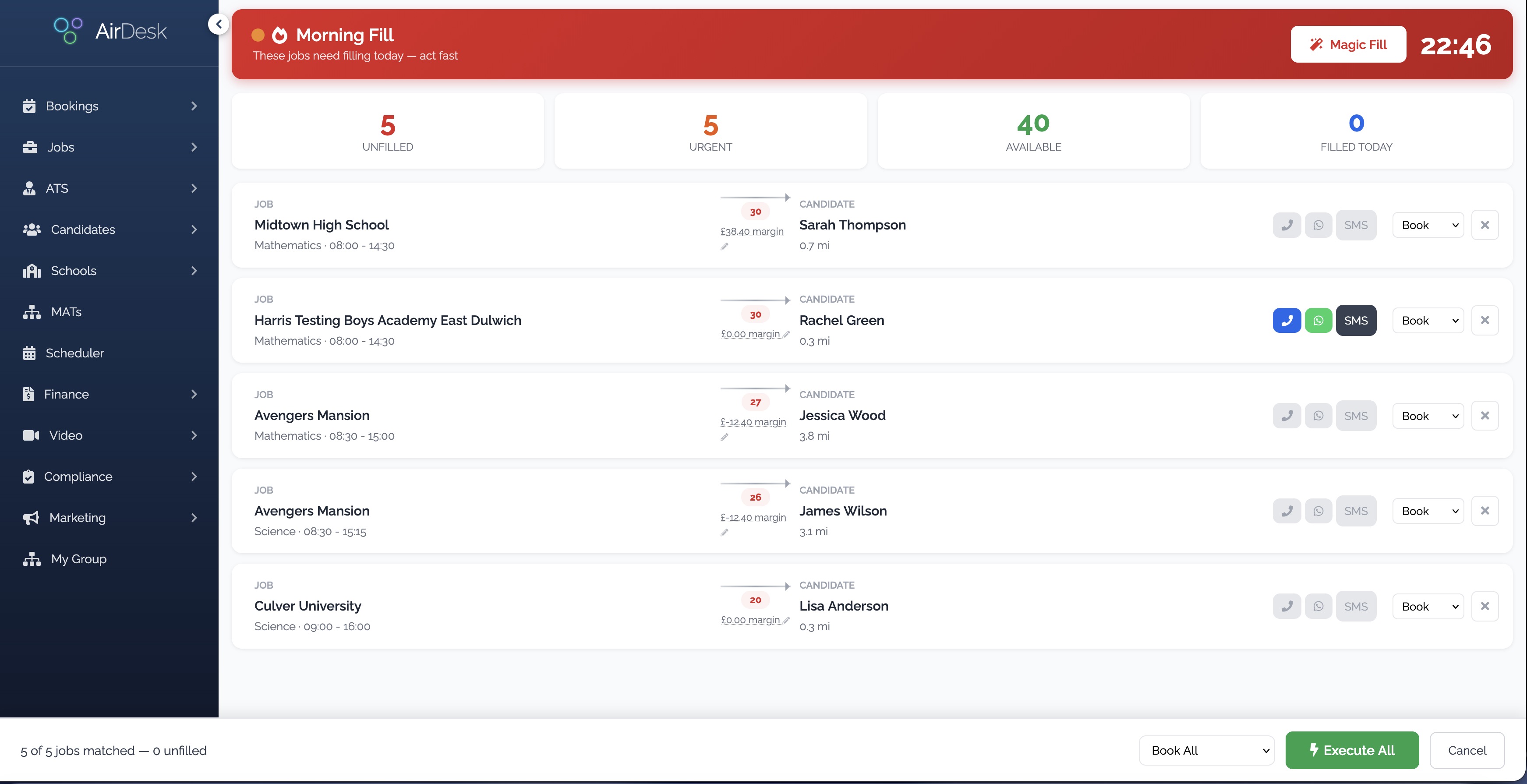 AirDesk Magic Fill — AI-matched candidates to unfilled jobs with one-click booking and Execute All